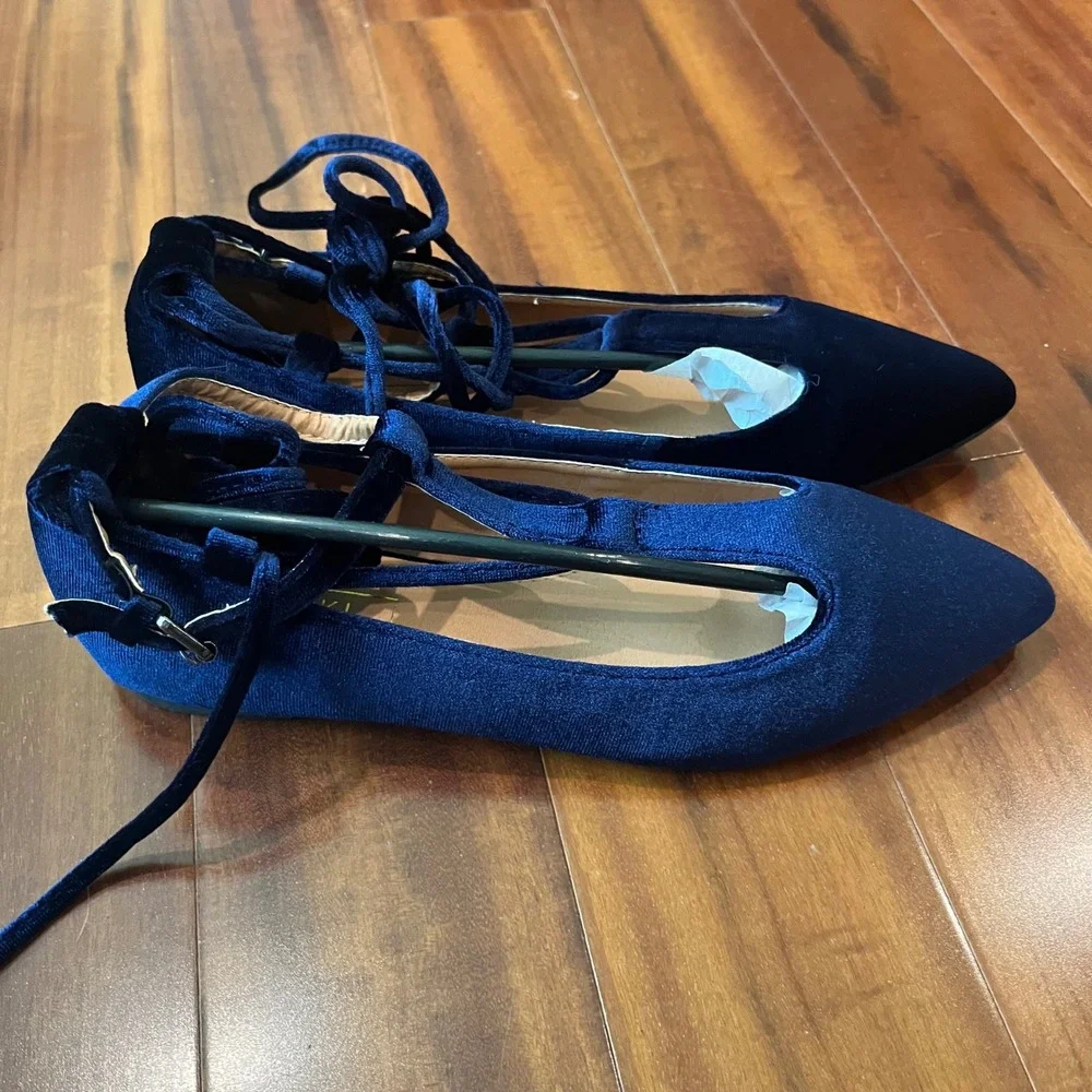 Navy Velvet Ballet Flat Lace Up Pointed‎ Toe Strappy T Yoki Urban-80 New Size 7